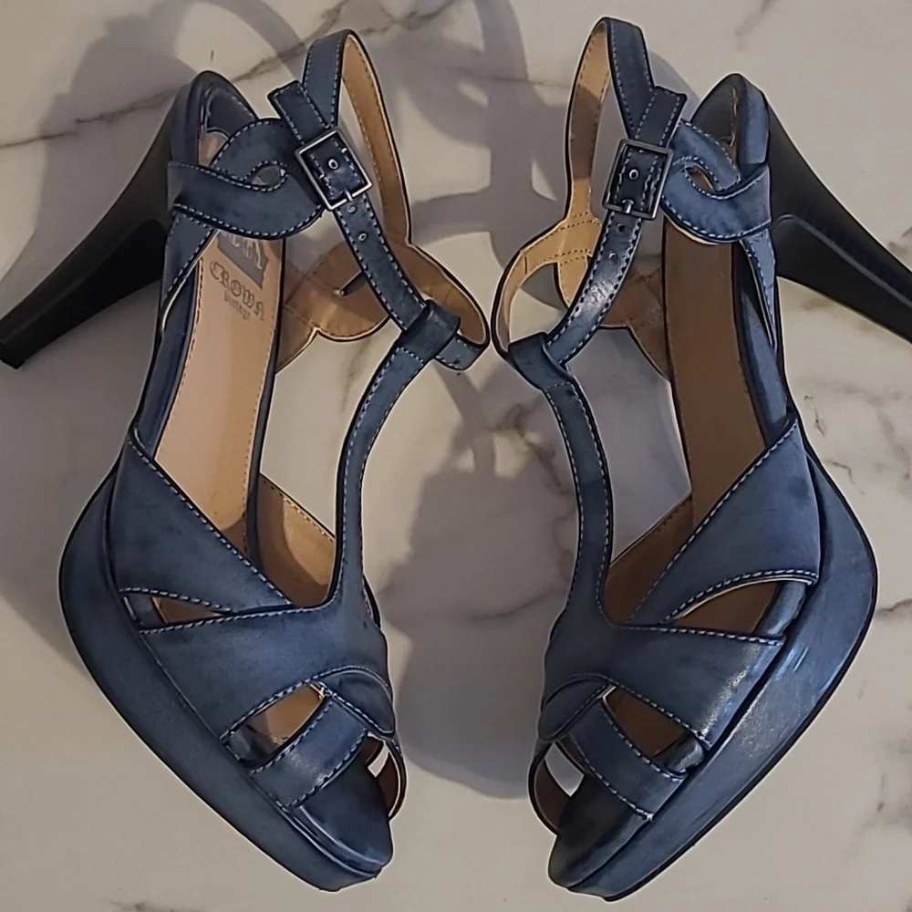 Crown Vintage Indigo Blue Open Toe Strappy Heel Sandals Wmn 7.5 Casual Summer